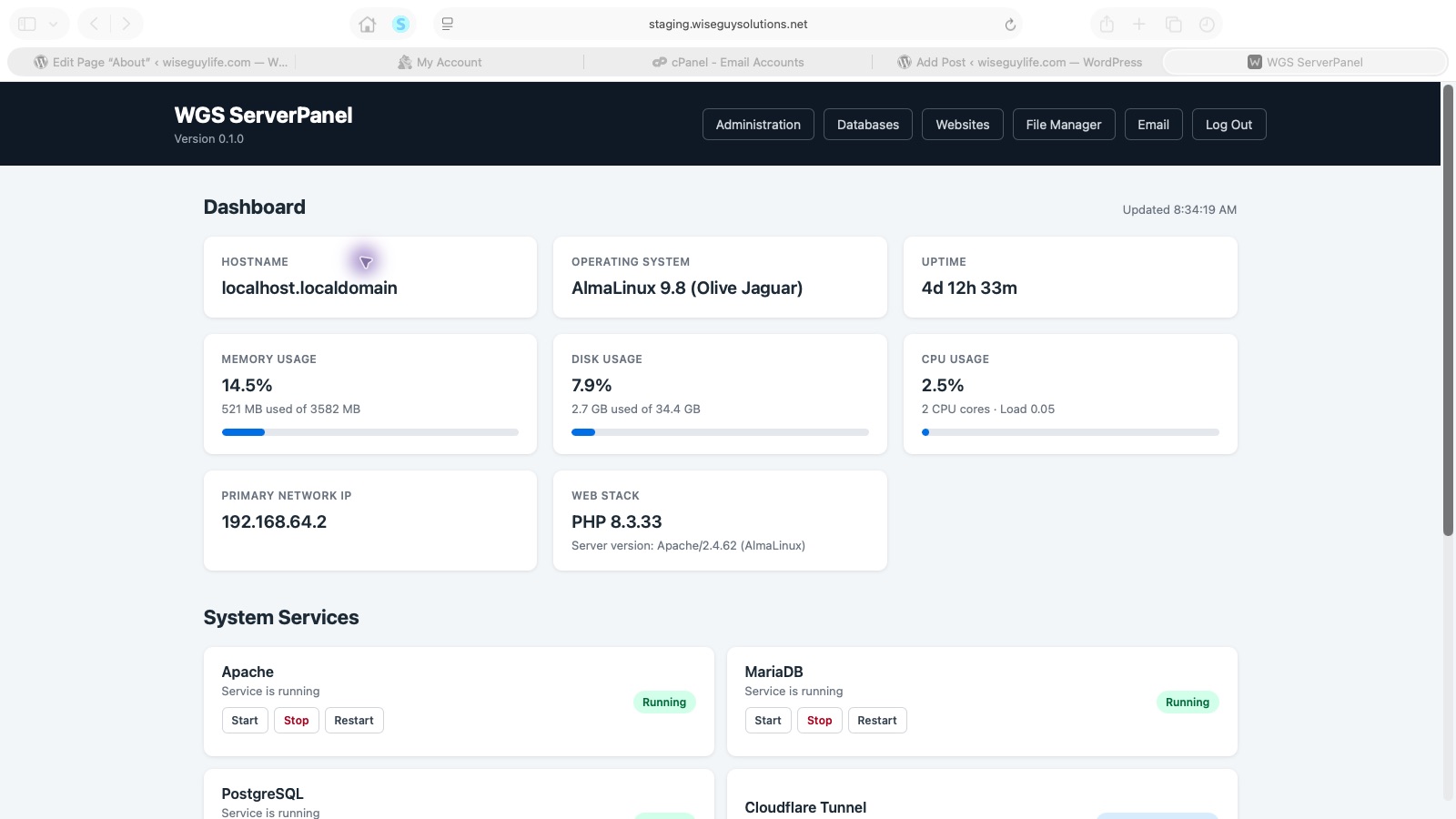 Current WGS ServerPanel staging dashboard showing resource cards and system services