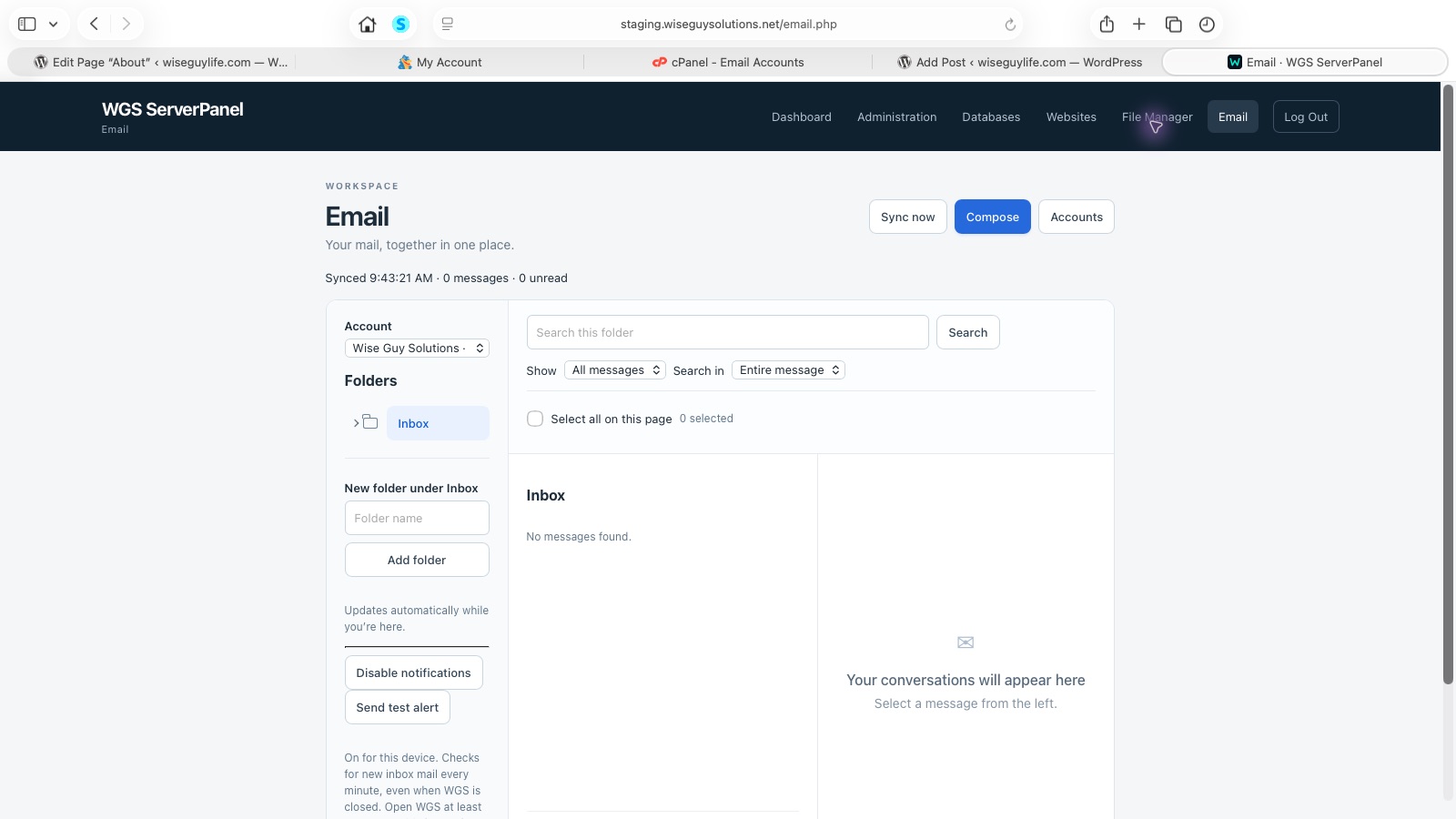 Current WGS ServerPanel staging Email workspace with folders, search, and message area